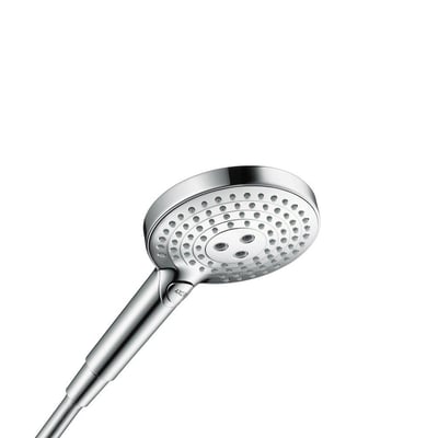 Hansgrohe AX S 120 håndbruser i krom, viser et nærbillede af brusehovedet med tre strålemønstre og Select-knap.