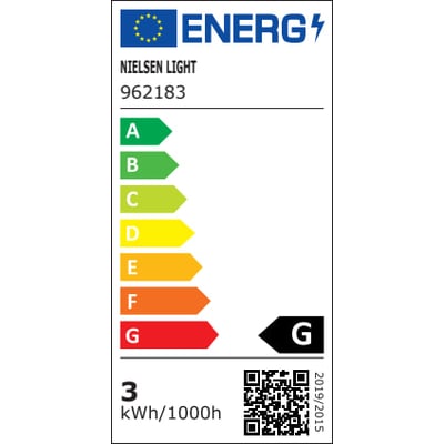 Energimærke for Nielsen Light LED pære, der viser energiklasse G og 3 kWh/1000h.