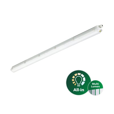 Hvidt Philips CoreLine WT120C Gen3 industriarmatur på 1200 mm med All-in- og Multi Lumen-symboler.