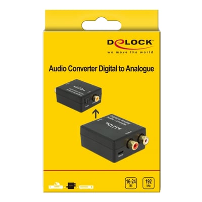 Delock digital-til-analog-lydconverter på gul emballage med illustration af den sorte enhed og RCA-tilslutninger.
