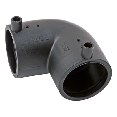 AVK Fusamatic elsvejsevinkel 25 mm 90° i sort PE SDR11 PN16 med fuldautomatisk aflæsning via Auto-Pin på hvid baggrund.