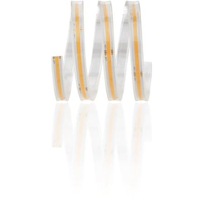 Fleksibel LED strip med COB teknologi, 5W/m, 3000K varm hvid, 24V og IP65-klassificering, vist på en 5 meter lang rulle med tydelige lysdioder.