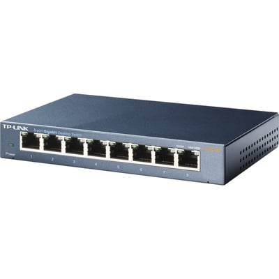 TP-LINK TL-SG108 netværksswitch med otte RJ45-porte, vist skråt forfra med sort metalkabinet.