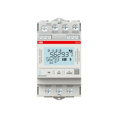 ABB 3-faset energimåler med direkte måling op til 65A, M-bus og MID godkendelse. Viser digitalt display med måleværdier og knapper til betjening.