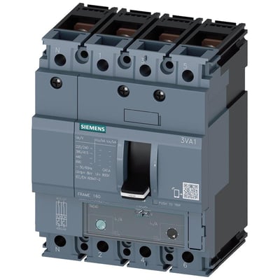 Siemens 3VA1 maksimalafbryder, 4-polet, ramme 160, med en brydeevne på 25kA ved 415V og en mærkestrøm på 160A.