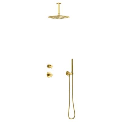 Damixa Iris termostatbatteri i børstet messing viser indbygningsdele, rund hovedbruser og stick håndbruser med slange.