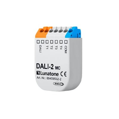Jumitech DALI-2 MC input modul med integreret applikationskontroller og terminaler til DALI, T1, T2, T3, T4 og COM.