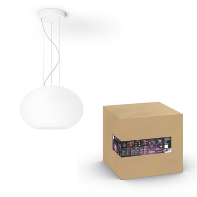 Hvid Philips Hue Flourish-pendel med oval skærm og ophæng vist sammen med sin emballage.