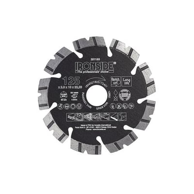 Ironside universal diamantklinge på 125 mm set forfra med sort skive, sølvfarvede segmenter og centralt hul.