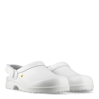 Sika Footwear Fusion Clog tøfler i hvid, str. 48, med hælrem og synligt ESD-godkendelseslogo.