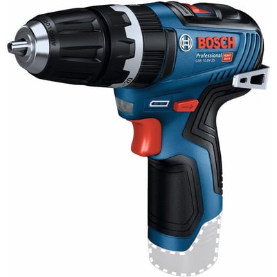 Tættere vinkel på Bosch GSB 12V-35 slagboremaskinen, fremviser borepatron, greb og Bosch logo tydeligt.