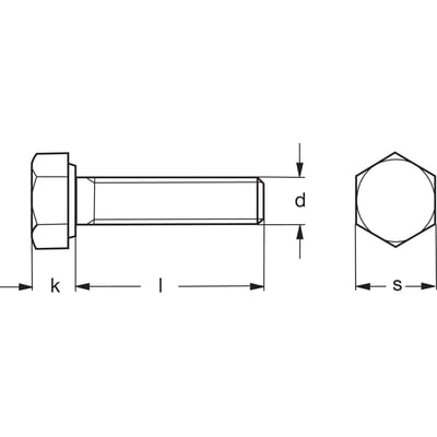 Skruestik M16x120 DIN 933 8.8 med dimensionstegning, der viser hoved, gevind og mål som k, l, d og s.