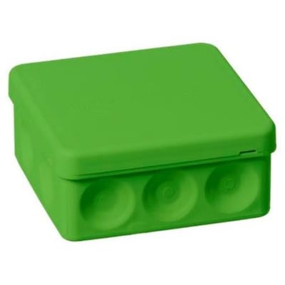 Grøn ABB forgreningsdåse AP9 i plast med IP65-klassificering, 86x86x39mm, med membranipler til kabelgennemføring.