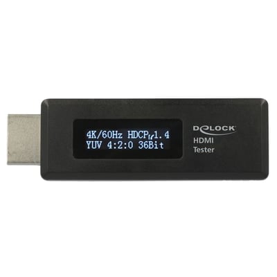 Sort Delock HDMI-tester med HDMI-stik og OLED-display, der viser opløsning, HDCP-status og farvedybde.