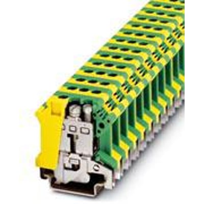 Phoenix Contact jordklemme UISLKG 16, grøn/gul, vist med skruetilslutning og monteret på række.