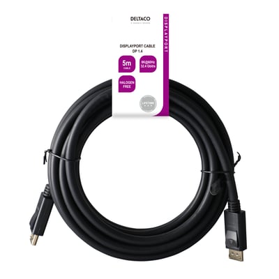 Et Deltaco DisplayPort kabel i sort, 5m langt, med DP 1.4 standard og 8K@60Hz, 32.4 Gbit/s.