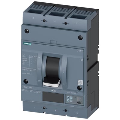 Siemens 3VA2 maksimalafbryder, 3-polet, 630A, med LSIG beskyttelse og 55kA brydeevne, vist forfra med håndtag og display.