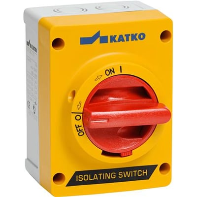 Katko 3-polet sikkerhedsafbryder, 80A, i gul og rød med tydeligt Katko logo og teksten "ISOLATING SWITCH".