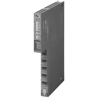 Siemens SIMATIC net CP 443-1 advanced kommunikationsprocessor med porte og statusindikatorer på mørk baggrund.