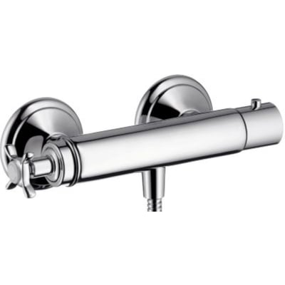 Nærbillede af Hansgrohe Axor Montreux termostatarmatur i blank krom, der viser 2-grebs kontrol og 150mm center-til-center afstand.