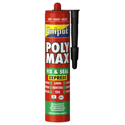 Unipak Poly Max Fix & Seal sort fugemasse og lim i rød patron med en lang sort dyse ved siden af.