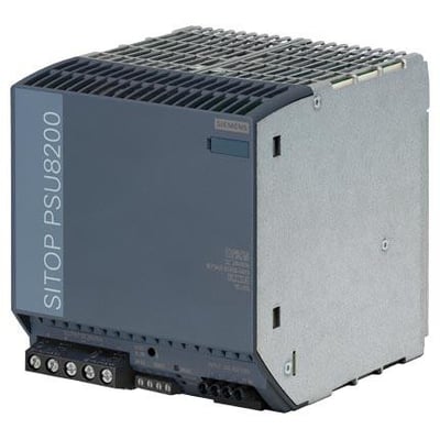 Siemens SITOP PSU8200 strømforsyning i mørkegrå og metal, med mærketekst og terminaler synlige.