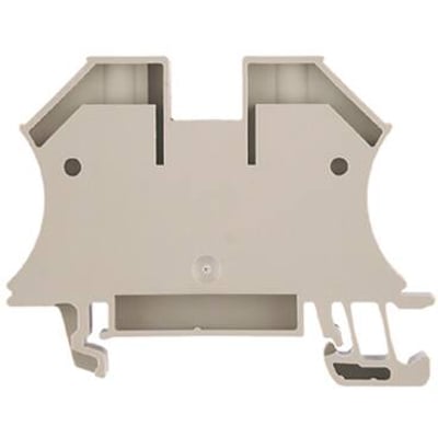 Weidmüller gennemgangsklemme WDU 16N i beige, med skruetilslutning til 16mm² ledere og TS 35 DIN-skinne.