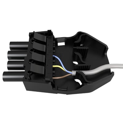 Ansell Lighting AFIX 4P plug konnektor med quick-klemmer og testport, vist med 20mm kabel monteret og ledningerne synlige.