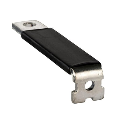 Enkel Schneider Electric bagforbindelse plug-in 250A med sort isolering og metalterminaler på hvid baggrund.