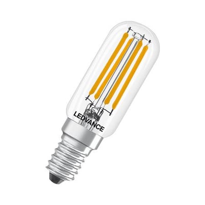 Ledvance LED T26 pære med klar glas og synlige filamenter, E14 fatning, 4W, 470lm, 2700K varmt lys, vist isoleret på hvid baggrund.