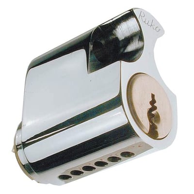Assa Abloy cylindrisk Rokoko RD2603 i enkel messing, vist som en blank cylinder med rund nøgleåbning og metalbeslag.
