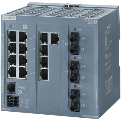 Siemens SCALANCE XB213-3 industri-switch med 13 RJ45-porte og 3 multimode ST-porte. Den grå enhed har tydelig mærkning og diagnoseindikatorer.