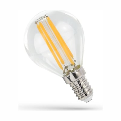 SpectrumLED LED-pære med klar, rund G45-form, synlige kultråde og E14-fatning, 4 W og varmt lys på 2700 K.