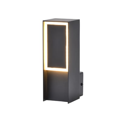V-TAC LED-væglampe i mørkt aluminium med rektangulær form og varmt lys fra en lysende ramme.