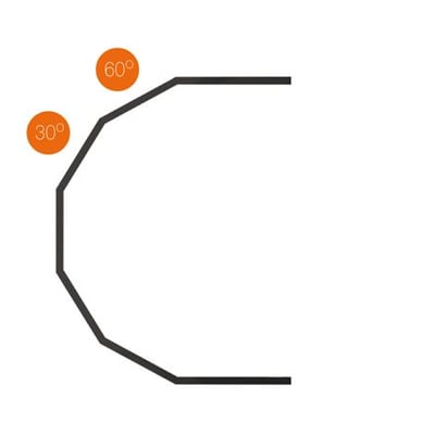 Diagram af et Heater One installationsbeslag, der viser vinkler på 30 og 60 grader med orange cirkler.