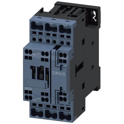 Siemens SIRIUS 3RT2 strømkontaktor set skråt forfra med grå front, 3 poler, 9 A og 230 V AC-spole.