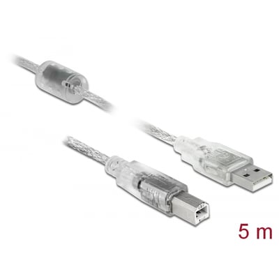 Delock USB 2.0 kabel med Type-A og Type-B stik, 5 meter langt og transparent, vist med ferrite ringe og tilslutningsstik.