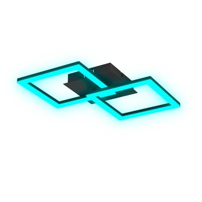 EGLO RGBIC loftlampe i sort med to firkantede, drejede rammer, der lyser blåt, med hvid baggrund.