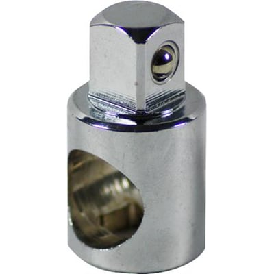 Tecos adapter fra 3/8" til 1/2", udført i skinnende krommetal med en kugle til sikring af toppens placering.