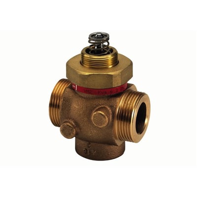 Detaljeret billede af Danfoss VM2-32 sædeventil, viser 2-vejs konfiguration og messing materialet.