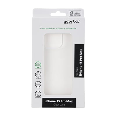 Essentials iPhone 15 Pro Max cover, transparent, lavet af 100% genanvendt TPU, vist i original emballage med produktinformation.