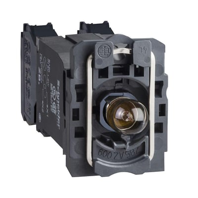 Schneider Electric XB5 lampetrykkrop med BA9s trafo, 230V, 1NO-1NC kontakt og synlig glødepære.