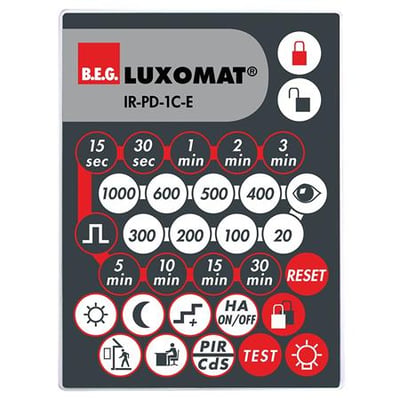 Detaljeret oversigt over funktionerne og tidsindstillingerne på B.E.G. LUXOMAT IR-PD-1C-E fjernbetjeningen.