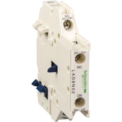 Schneider Electric hjælpeblok LAD8N02 i hvidt plast med blå kontakter og mærkning for ON og NC.