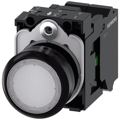Siemens 22mm oplyst trykknap i hvid plastik med 1 NO kontakt og fjederklemme, viser enhedens front og side.