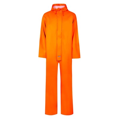 Lyngsøe Regndragt PU LR13-05 i orange, str. 4XL, vist forfra med fast hætte og dobbelt stormklap.