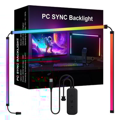 PC Sync LED strip og dens tilbehør, herunder USB-kabel og kontrolboks, vist med en farverig gradient effekt.