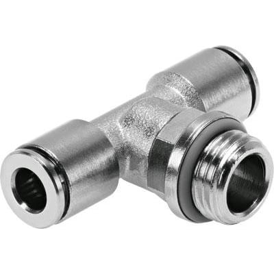 Festo T-forskruning NPQH-T-G38-Q12-P10 med push-in tilslutninger og gevind, udført i metal.