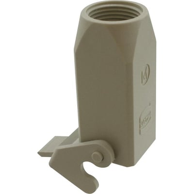 Harting HAN A 3A koblingsarmatur med M20 tilgang set fra siden, fremhæver den låsbare bøjle i grå polycarbonat.