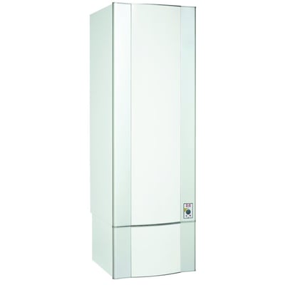 Metro Therm solvarmebeholder model 255, en hvid vertikal vandvarmer med et kontrolpanel til højre, ideel til enfamiliehuse.